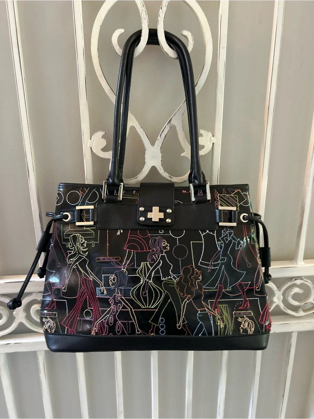 Black Glossy Multicolor Stitch Tote Bag